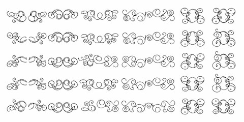 Collection of elegant black hand drawn decorative flourishes and ornamental dividers on a white background