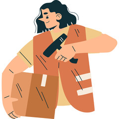 Woman Wearing Vest Holding Cardboard Box And Scanner With Transparent Background