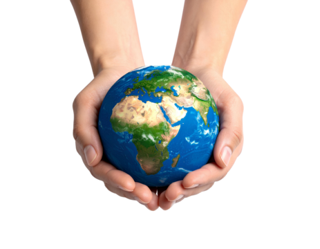 Two human hands gently cradling a realistic 3D globe of Earth. Isolated on a clean transparent background, perfect for environmental or global concept visuals.