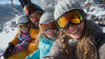 Joyful family on a ski lift at a snowy ski resort enjoying winter fun together