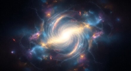 Obraz premium A luminous, swirling celestial formation with vibrant nebulae and a bright core amidst a dark, star-filled expanse