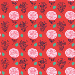 Doodle rose floral pattern bright red background