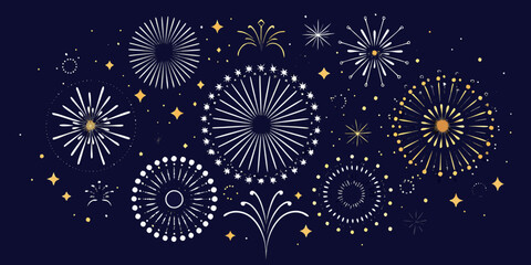 Festive dark blue background with stylized white and gold fireworks and sparkling stars