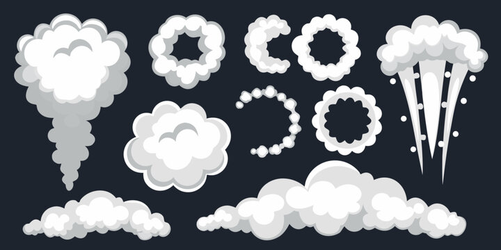 Collection of stylized cartoon smoke and cloud effects for animation and design elements