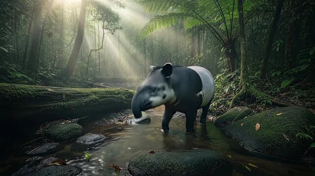 Wild Tapir Drinking Water in Dense Rainforest with Sunlight Filtering Through Trees