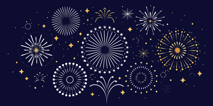 Festive dark blue background with stylized white and gold fireworks and sparkling stars - Powered by Adobe