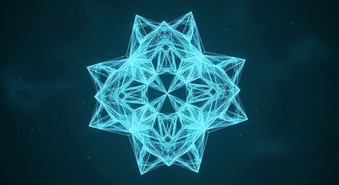 A luminous teal geometric design, centered against a dark blue background. The structure appears three-dimensional, like an ethereal star - Powered by Adobe