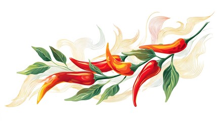 Naklejka premium Vibrant red peppers with green foliage appear amidst delicate abstract linear elements