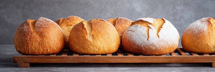 Warm row of fresh baked bread roll from bakery. Delicious golden crusty food on wooden rack feels comforting and wholesome, perfect for healthy breakfast