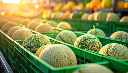 Baskets of ripe, green melons gleam in soft sunlight, arranged for sale. Some are stacked atop other rows, creating a sense of bounty. Focus is on the fruit