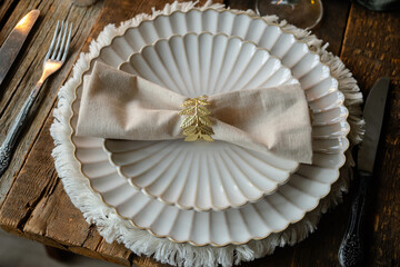 Elegant rustic table setting. Festive table with white plates decorated napkin and golden ring.