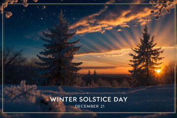 Winter solstice greeting card, text on background landscape nature forest and mountain AI Generative