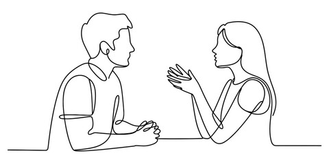 Continuous line drawing of two people in profile facing each other talking vector