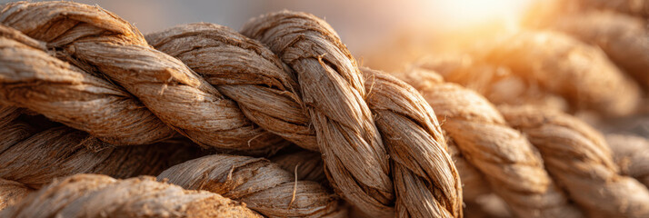 Close up of strong brown rope shows texture and fiber in detail. warm light in background signifies connection, strength, and power of teamwork