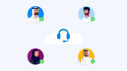 A cloud icon with headset connects Arab individuals via phone symbols. Represents remote support and cloud-based communication