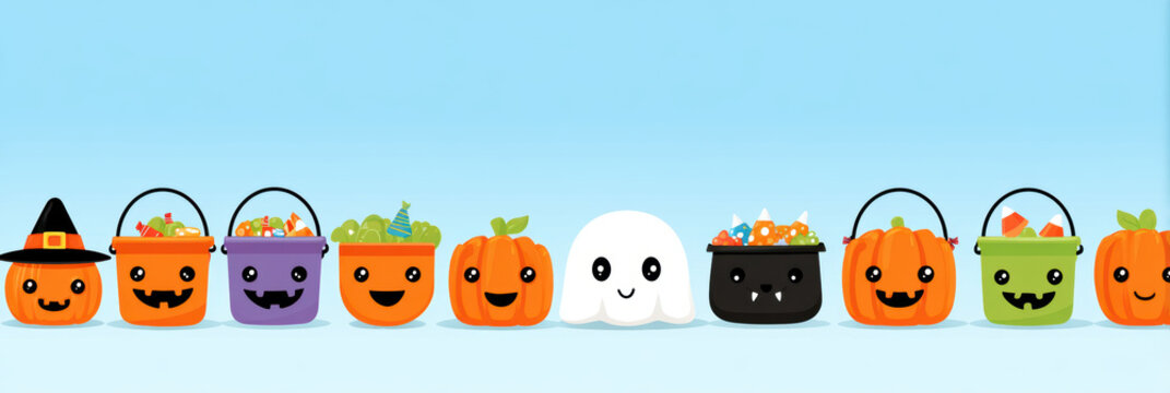 Cheerful halloween banner illustration with cute pumpkin, ghost, and monster character. fun row of smiling candy bucket designs for happy trick or treat celebration