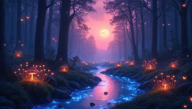 Magical forest at twilight with glowing mushrooms and fireflies. A stream reflects pink and purple sky colors. Enchanted nature scene with moonlit water flow. Peaceful wilderness atmosphere.
