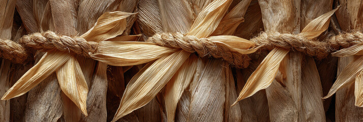 Close up of rustic, woven pattern made from natural corn husk. dry, brown texture of handcrafted fiber creates beautiful, organic background with warm feeling