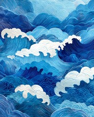 Abstract blue ocean waves with white foam in a traditional japanese art style