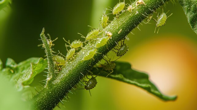 Macro shot of aphids clustered on the stem of a tomato plant.