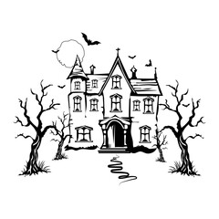 Spooky Haunted House with Bats and Bare Trees for Halloween