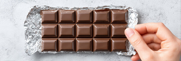 Human hand reaching for tempting milk chocolate bar, sweet dessert snack. indulgent food sits open in silver foil on marble background, ready for moment of craving