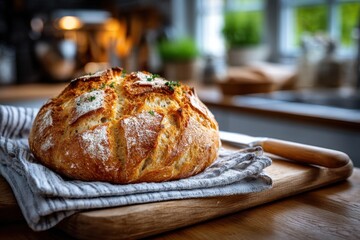 Freshly Baked Loaf of Bread on Kitchen Counter