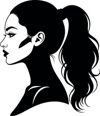 Elegant woman profile silhouette with ponytail, black and white minimalist portrait for fashion, beauty, branding, design, and illustration themes