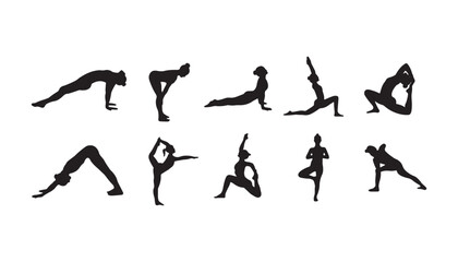 Woman Yoga Silhouette 10 Variations Vector Set – black Female Poses, Fitness Symbols, and Modern Wellness Illustration Pack
