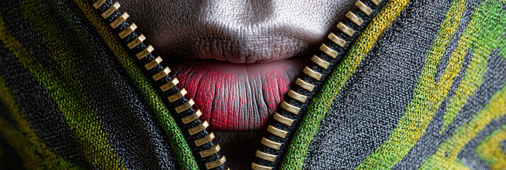 Mysterious close up of person mouth with red lip and white face paint, framed by open zipper of colorful green and yellow jacket. fashion concept