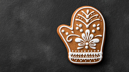 Festive gingerbread mitten cookie with white icing decoration. traditional Christmas holiday sweet dessert on dark background with top view copy space for winter baking