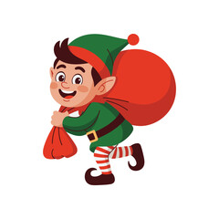 Cute Christmas Elf Carrying a Red Gift Sack – Holiday Cartoon Illustration