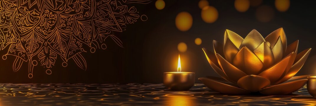 Abstract festive Mahayana New Year background, golden lotus flowers, glowing candle lights, subtle mandala patterns