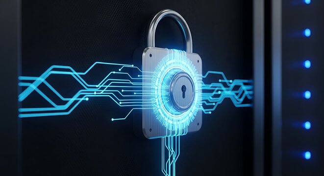 A metallic padlock with glowing circuit board lines forming a protective halo, set against a dark server rack