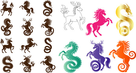 Mythical creatures in various colors and forms on a black background illustration
