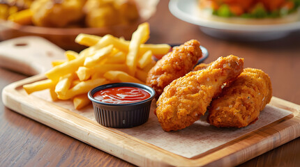 Crispy fried chicken with french fries and sauces, Professional fast food photography