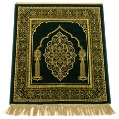 Elegant Islamic prayer rug with intricate gold embroidery and tassels