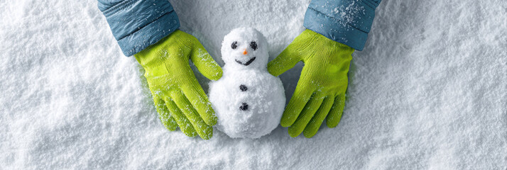 Happy person with hands in green gloves making small snowman in white snow during winter. joyful seasonal outdoor activity with tiny cute snow figure