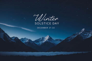 Winter solstice greeting card, text on background landscape nature forest and mountain AI Generative
