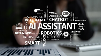 A close-up view of a person hand interacting with concepts of artificial intelligence, featuring terms like chatbot, robotics, and automation against a blurred backdrop. Tessel