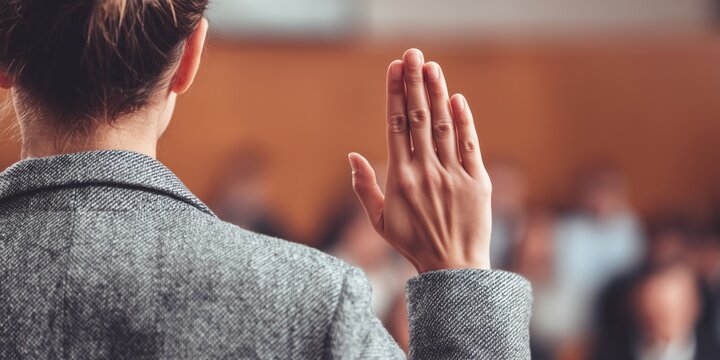 Female witness taking an oath in a courtroom with his right hand raised, symbolizing honesty, integrity, and responsibility in the judicial process.