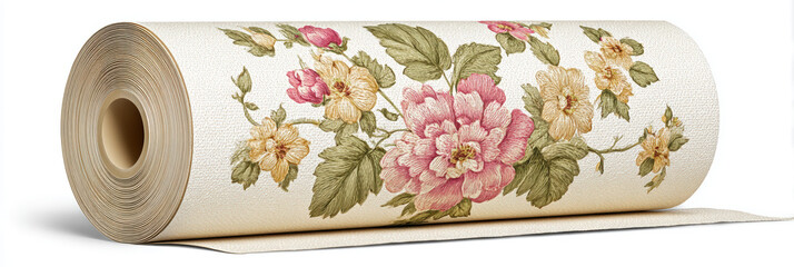 Vintage roll of floral wallpaper with pink flower pattern. charming choice for home decor and interior decoration, evoking romantic and classic feeling for any room