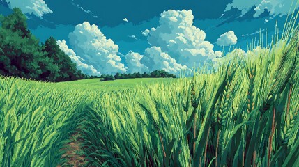 Pixel art landscape of a lush green wheat field under a blue sky with fluffy white clouds