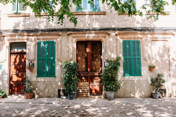 Palma de Mallorca old town alley at golden hour, Spain