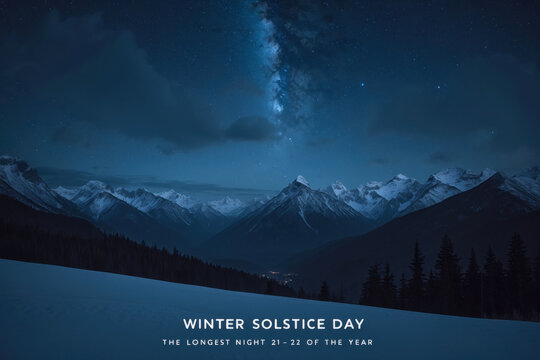 Winter solstice greeting card, text on background landscape nature forest and mountain AI Generative - Powered by Adobe
