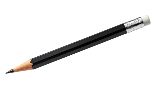 Realistic Black Wooden Pencil with Sharp Graphite Tip Isolated on Transparent Background