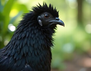 Fototapeta premium Rare Ayam Cemani chicken poses in rich green plants. This all black bird has unique black comb wattles and feathers. Indonesian poultry breed looks intently forward.