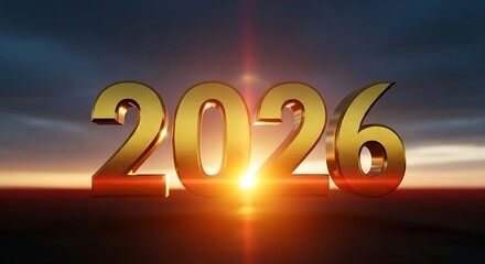 Golden 2026 Text with Dramatic Lighting and Sunset Background