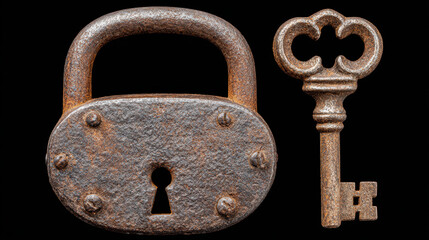 Old antique rusty metal lock and ornate key evoke sense of mystery. This vintage padlock with its keyhole suggests forgotten secret, solution waiting to be unlocked