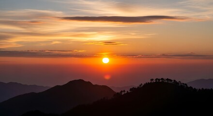 Fototapeta premium Sunrise over mountain peaks a scenic landscape with warm light ideal for travel and nature themes